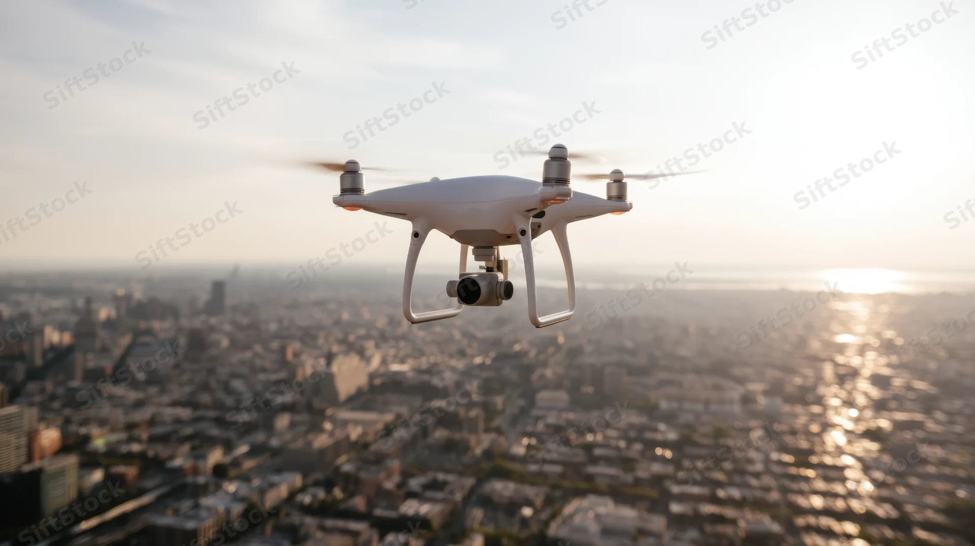 White quadcopter drone hovering over cityscape at sunset with camera gimbal visible