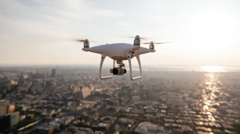 White quadcopter drone hovering over cityscape at sunset with camera gimbal visible