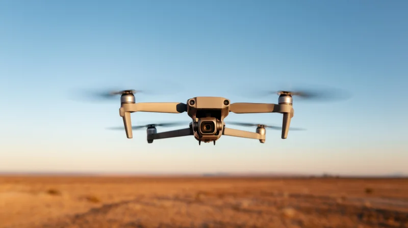 Quadcopter drone flying over desert landscape at twilight