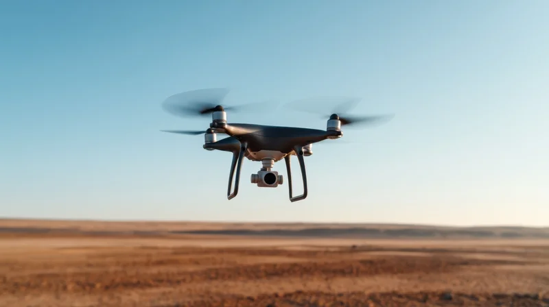 Quadcopter drone hovering over arid desert landscape under clear blue sky