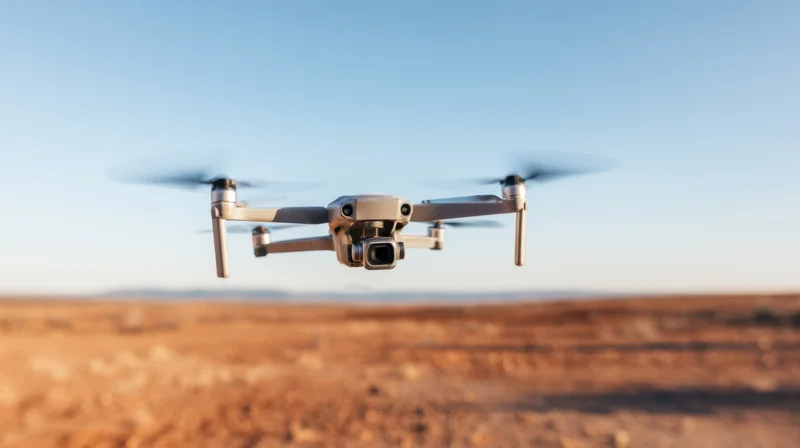 Quadcopter drone hovering in midair over desert landscape with camera facing forward