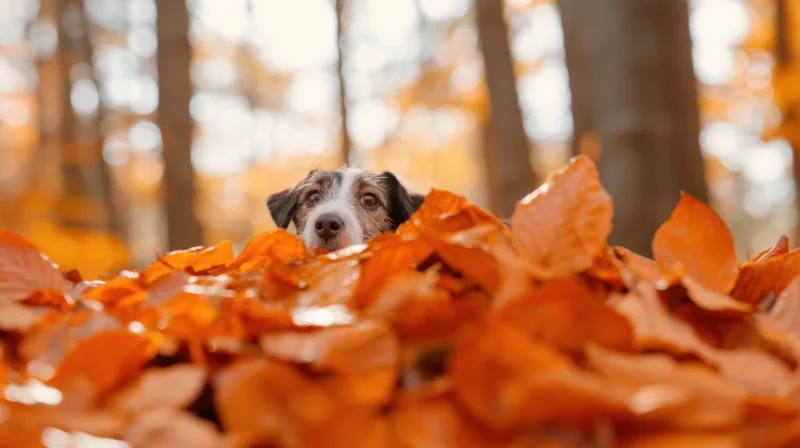 Small dog peeking over pile of orange autumn leaves in forest