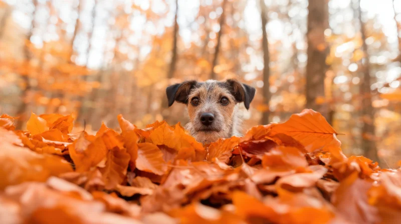 Small dog peeking over pile of orange autumn leaves in forest