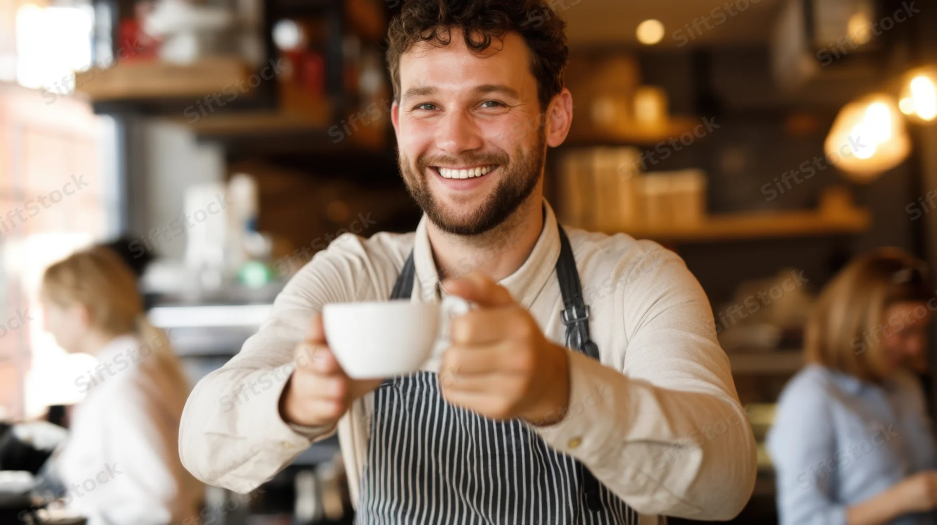 Smiling barista holding coffee cup in cafe interior