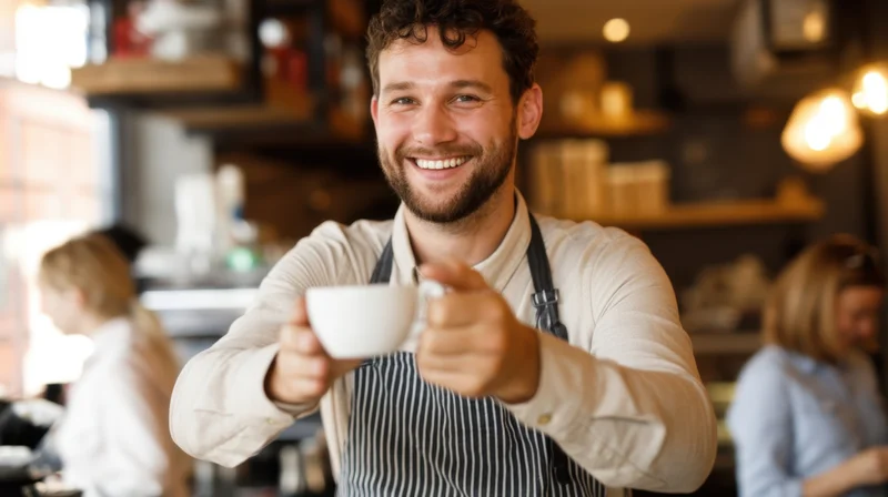 Smiling barista holding coffee cup in cafe interior