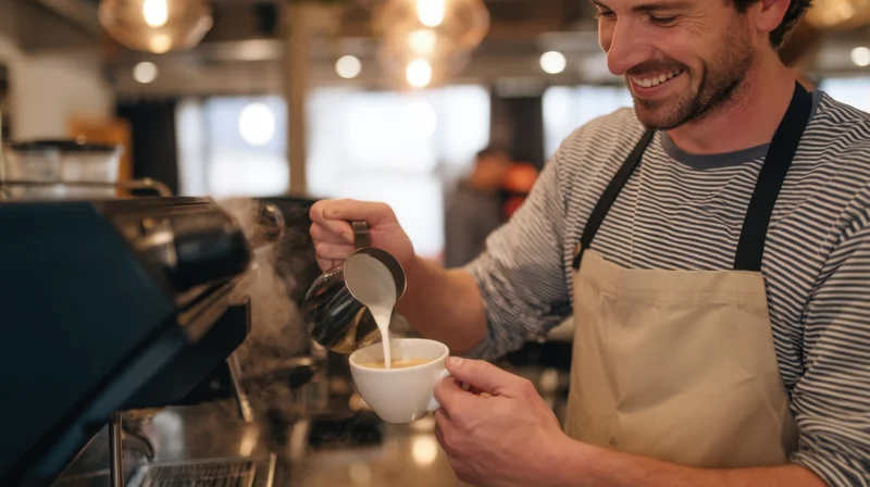 Smiling barista pouring milk into a cup of espresso at a coffee shop counter