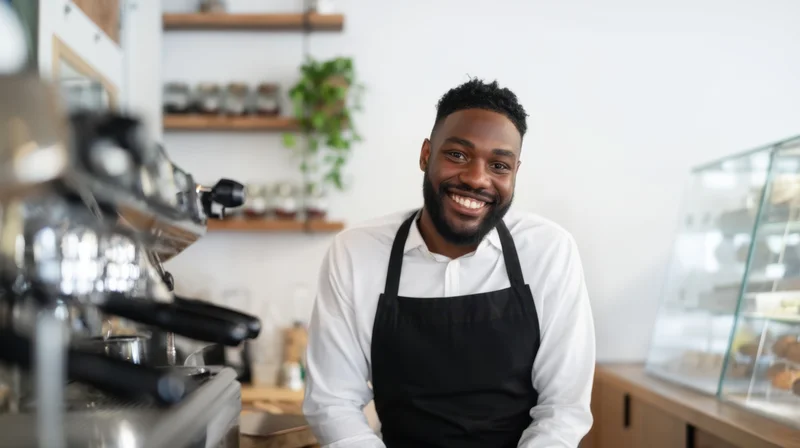Smiling barista in apron standing behind coffee machine in cafe interior