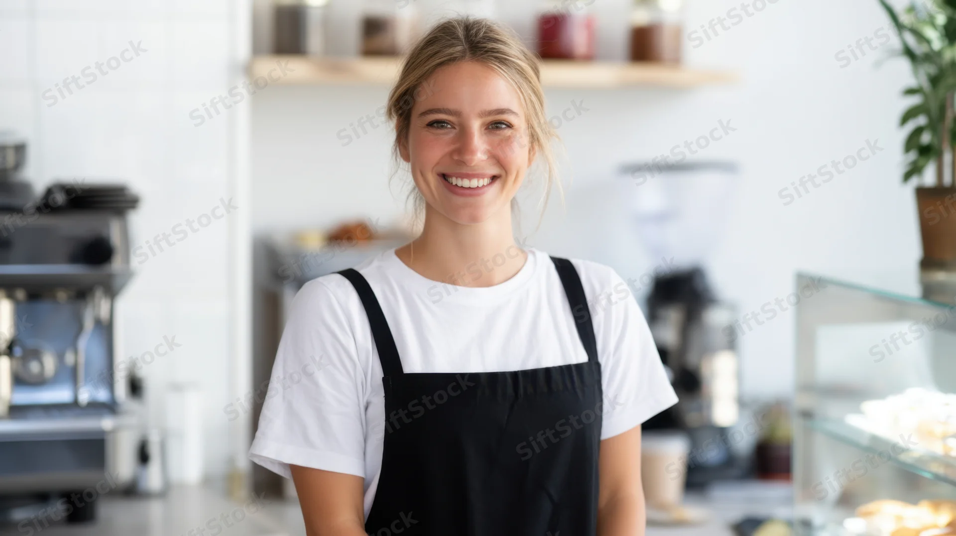 Smiling barista in black apron standing in coffee shop interior