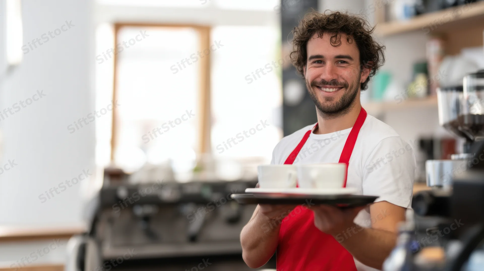 Smiling barista holding tray with coffee cups in cafe interior