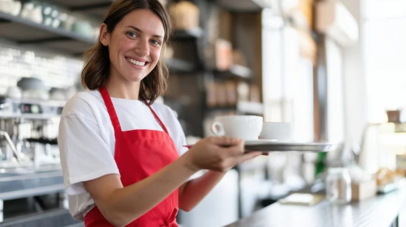 Smiling barista holding tray with coffee cups in cafe interior