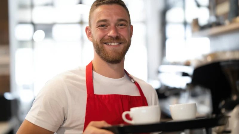 Smiling barista holding tray with coffee cups in cafe interior