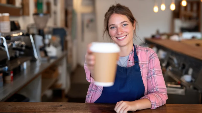 Smiling barista holding coffee cup at cafe counter