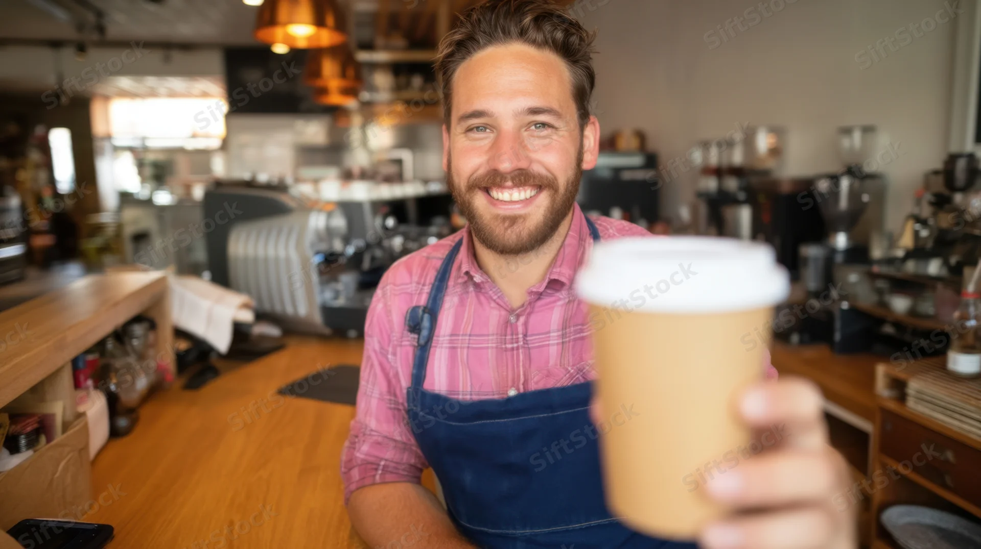 Smiling barista holding coffee cup in cafe interior