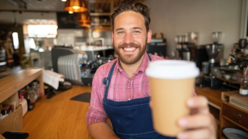 Smiling barista holding coffee cup in cafe interior