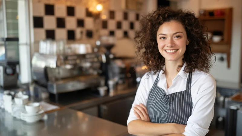 Smiling barista with arms crossed standing at coffee shop counter