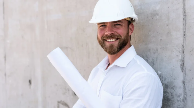 Smiling construction engineer holding rolled blueprint against concrete wall