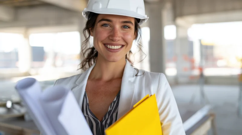 Smiling woman engineer in white hardhat holding blueprints and yellow folder on construction site