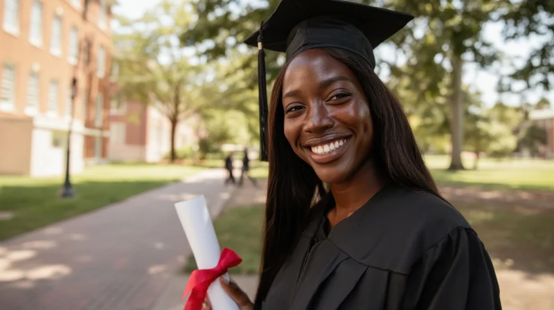 Smiling african woman graduate in cap and gown holding diploma on university campus