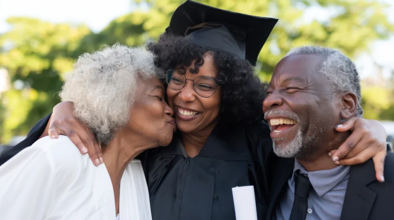 Graduate woman in cap and gown hugging her parents outdoors during graduation celebration