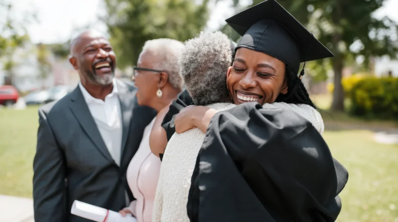 Graduate woman hugging mother in cap and gown at outdoor ceremony with parents smiling nearby
