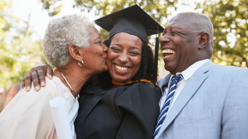 Graduate in cap and gown smiling as mother kisses her cheek and father laughs beside them outdoors