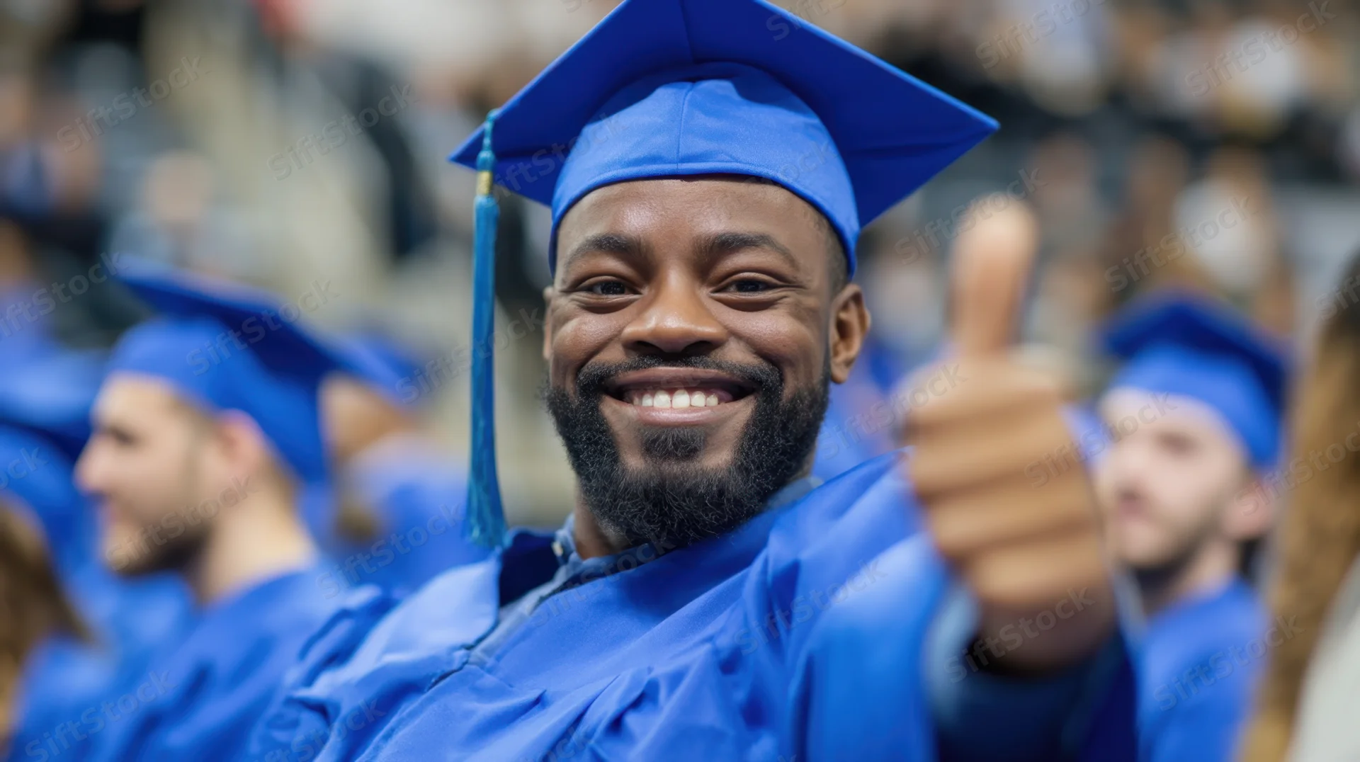 Smiling graduate in blue cap and gown giving thumbs up at ceremony