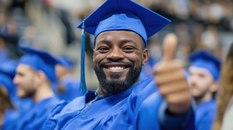 Smiling graduate in blue cap and gown giving thumbs up at ceremony
