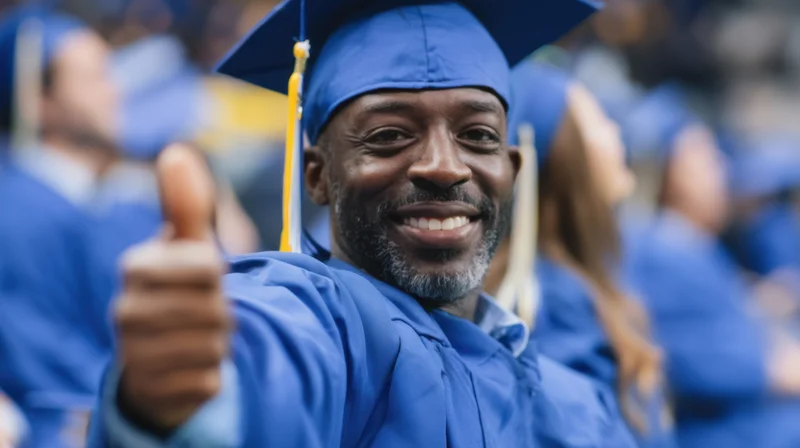 Smiling graduate in blue cap and gown giving thumbs up at ceremony