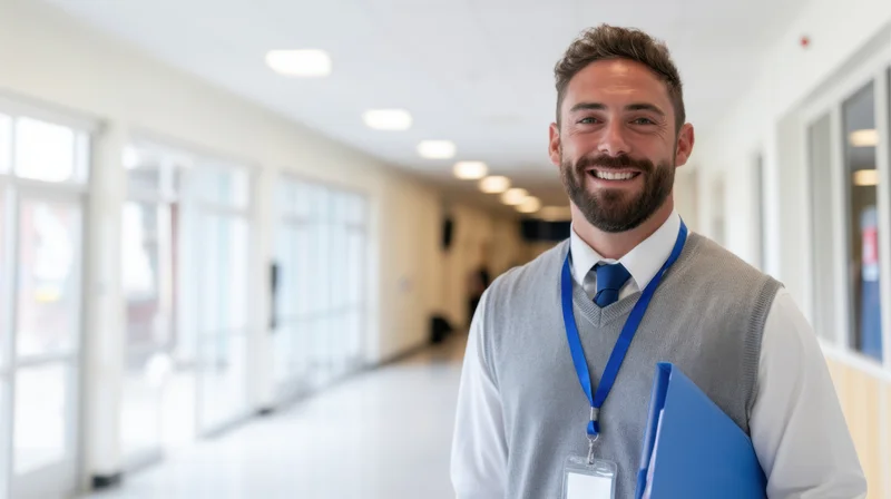 Smiling man in gray sweater vest holding blue folder in office hallway