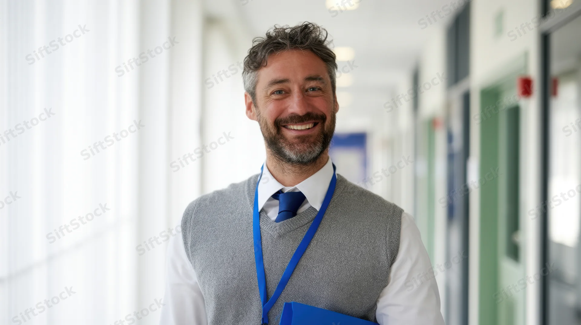 Smiling man in gray sweater vest and blue tie holding folder in office hallway