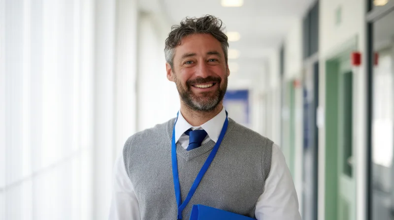 Smiling man in gray sweater vest and blue tie holding folder in office hallway