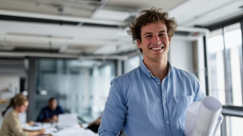 Smiling man holding rolled blueprints in modern office with colleagues working in background