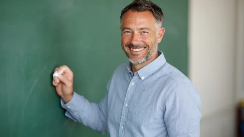 Smiling man writing on chalkboard in classroom