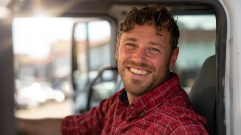 Smiling man in red plaid shirt sitting in truck cab, looking over shoulder