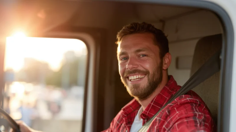 Smiling man in red plaid shirt driving truck, wearing seatbelt, looking out window