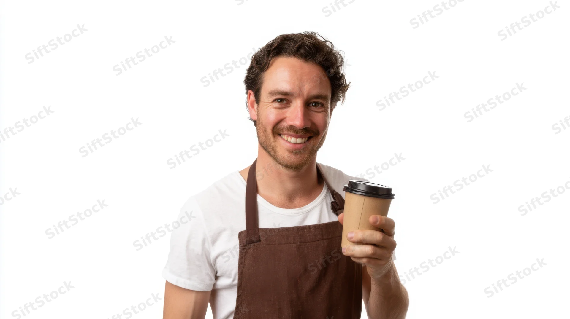 Smiling barista holding a takeaway coffee cup against white background