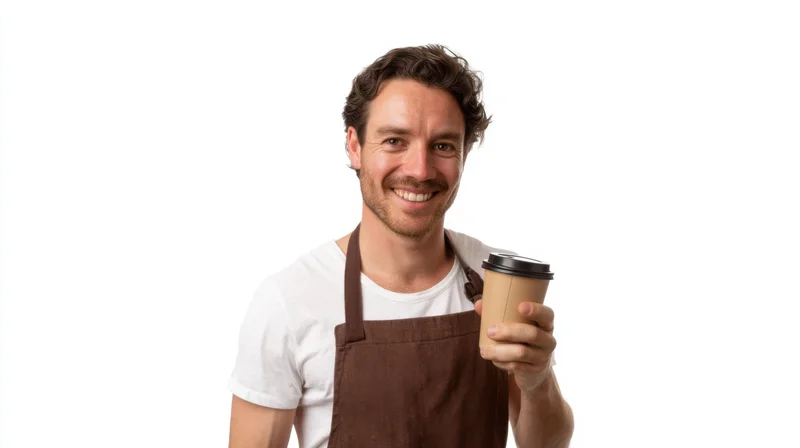 Smiling barista holding a takeaway coffee cup against white background
