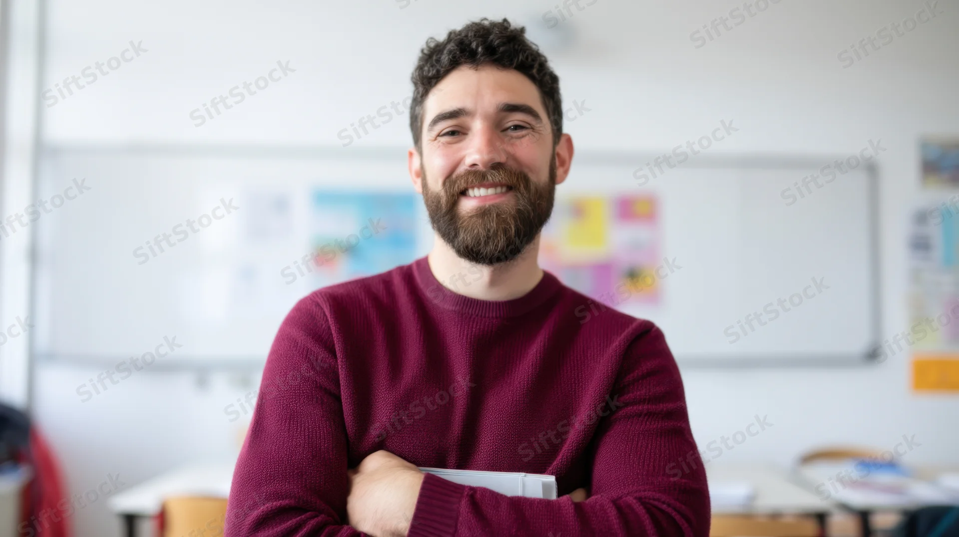 Smiling bearded man in maroon sweater standing in classroom with arms crossed