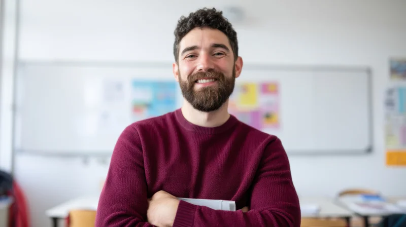 Smiling bearded man in maroon sweater standing in classroom with arms crossed