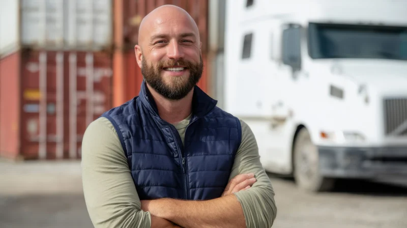 Bald bearded man smiling with arms crossed in front of a white truck and shipping containers at a dock