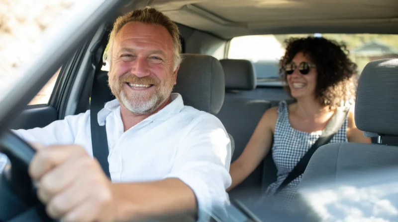 Smiling middle-aged man driving a car with a woman passenger in the front seat during daytime