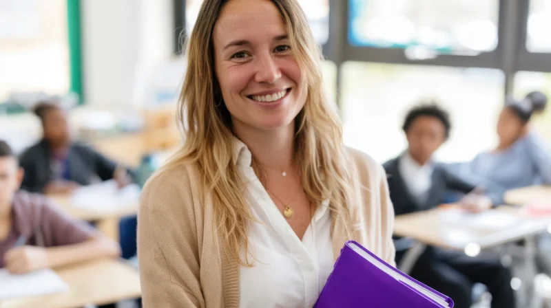 Smiling teacher holding purple binder in classroom with students at desks