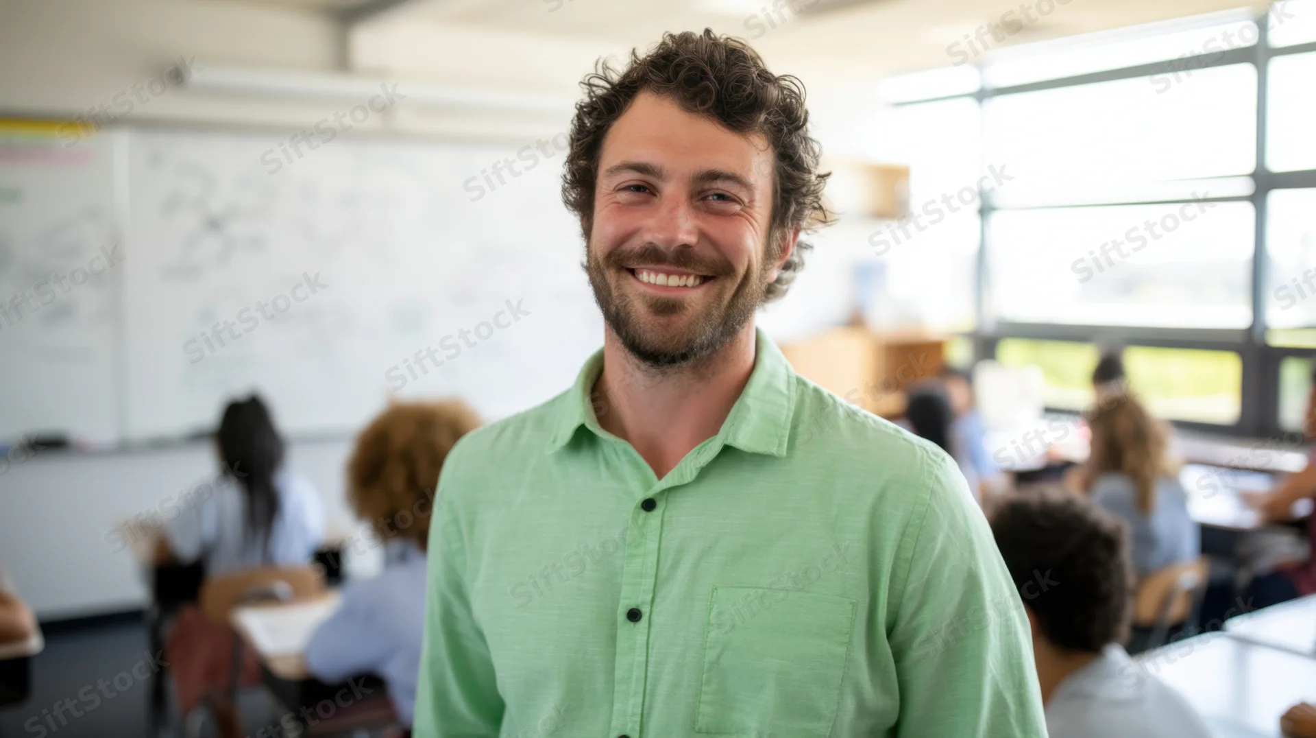 Smiling teacher in a classroom with students at desks and a whiteboard behind him