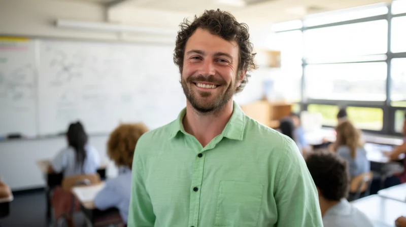 Smiling teacher in a classroom with students at desks and a whiteboard behind him