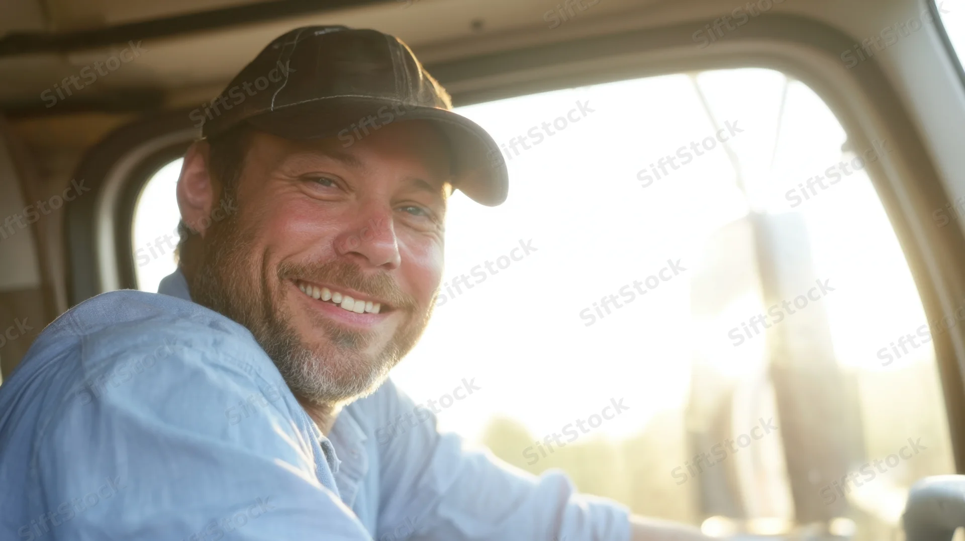 Smiling truck driver in vehicle interior looking back at camera