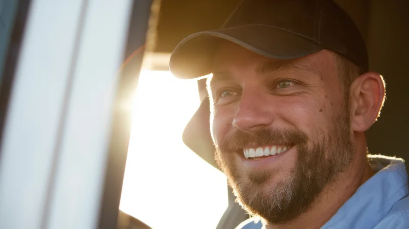 Smiling truck driver in vehicle cabin with sunlight behind him