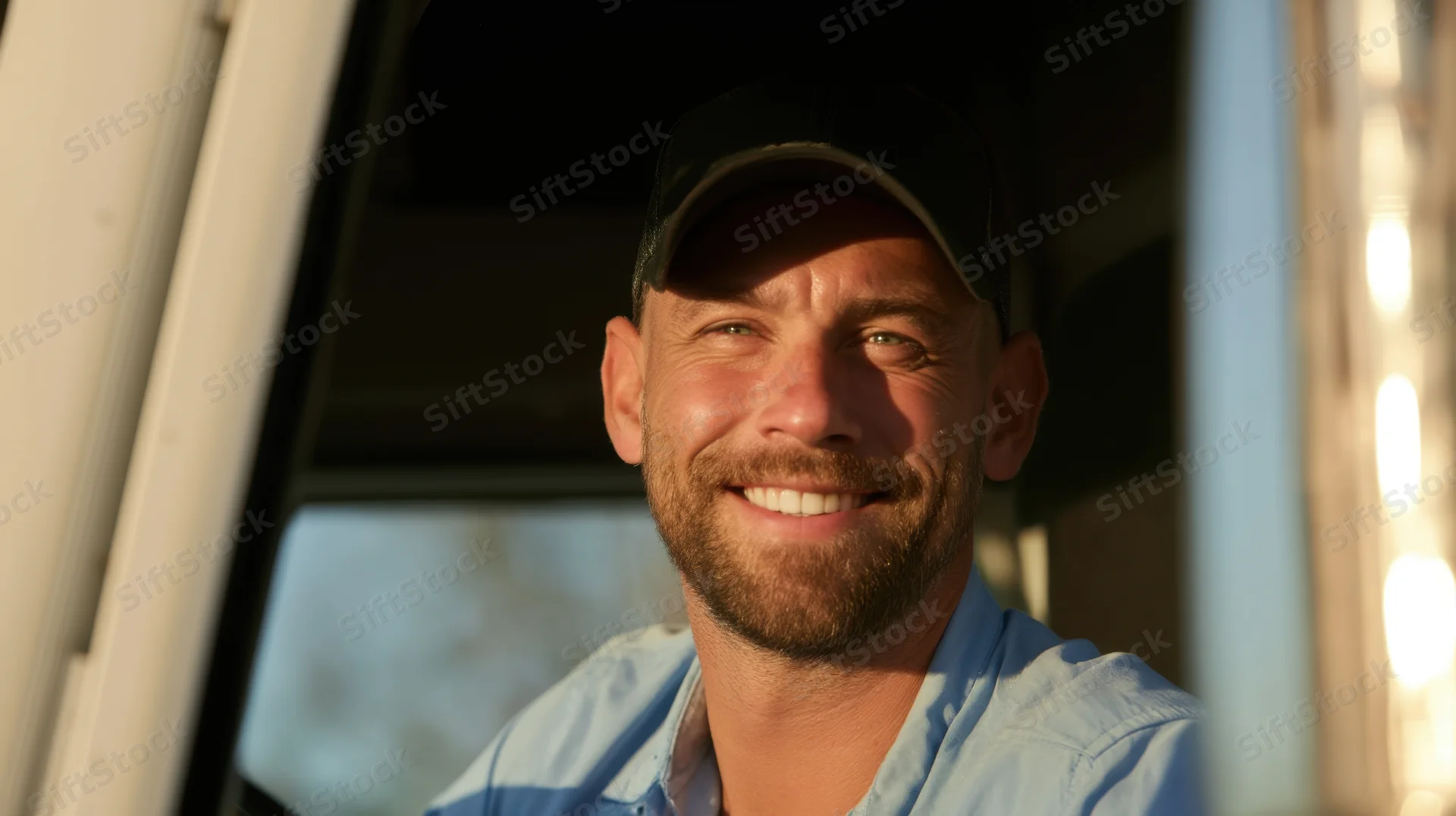 Smiling truck driver in vehicle cabin with sunlight on face