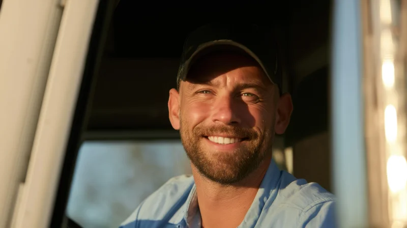 Smiling truck driver in vehicle cabin with sunlight on face