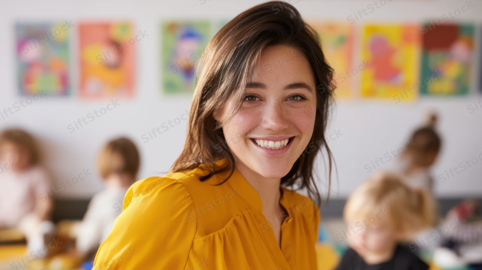 Smiling woman in yellow blouse standing in classroom with children in background