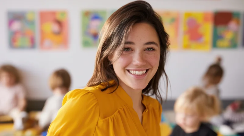 Smiling woman in yellow blouse standing in classroom with children in background
